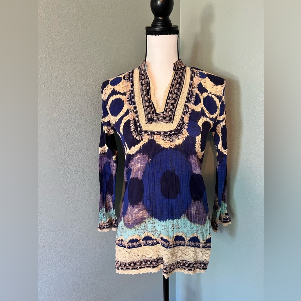 Life Style Embroidered V-Neck Tunic Top Shirt Womens Size S Cotton Boho